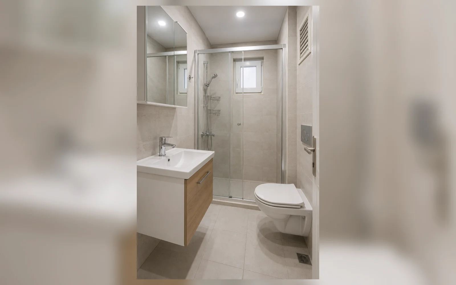 Yenilenmiş banyo, duşakabin ve lavabo detayı